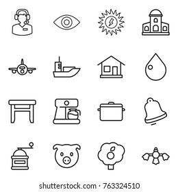 Thin line icon set : call center, eye, sun power, mansion, plane, sea shipping, home, drop, stool, coffee maker, pan, bell, hand mill, pig, garden, hard reach place cleaning
