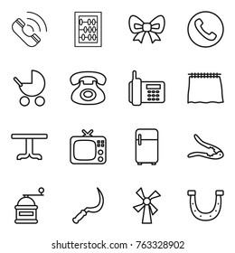 Thin line icon set : call, abacus, bow, phone, baby stroller, curtain, table, tv, fridge, walnut crack, hand mill, sickle, windmill, horseshoe