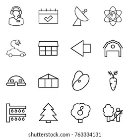 Thin line icon set : call center, calendar, satellite antenna, atom, electric car, market, left arrow, barn, dome house, greenhouse, beans, carrot, watering, spruce, garden, cleaning