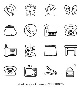 Thin line icon set : call, alarm clock, table lamp, bow, purse, phone, church, disco ball, curtain, stool, tv, walnut crack, hand mill