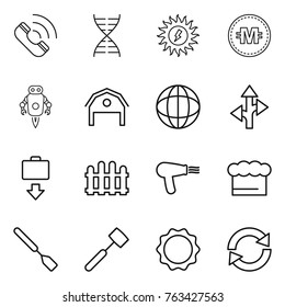 Thin line icon set : call, dna, sun power, crypto currency, jet robot, barn, globe, route, baggage get, fence, hair dryer, chief hat, spatula, meat hammer, induction oven, reload