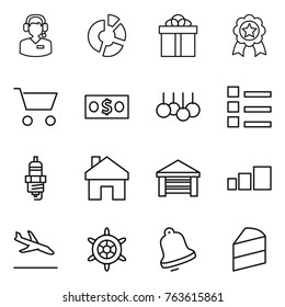 Thin line icon set : call center, circle diagram, gift, medal, cart, money, sale, list, spark plug, home, garage, sorting, arrival, handwheel, bell, cake