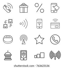 Thin line icon set : call, gift, percent, touch, notebook connect, wireless, phone, tap to pay, smart bracelet, antenna, star, goverment house, mobile location, sorting