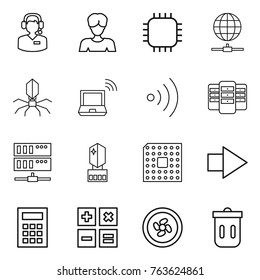 Thin line icon set : call center, woman, chip, globe connect, virus, notebook wireless, server, crystall memory, cpu, right arrow, calculator, cooler fan, trash bin
