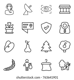 Thin line icon set : call center, satellite antenna, eye identity, market, flower, location details, protected, life vest, beans, pear, spruce, garden, peas, trash, hanger, cleaning