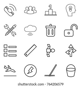 Thin line icon set : call, group, pedestal, bulb head, pencil wrench, cloud wireless, bin, unlock, list, ruler, satellite, route, arrival, electricity, rake, bucket