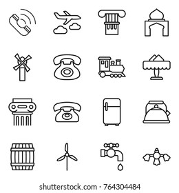 Thin line icon set : call, journey, column, minaret, windmill, phone, train, restaurant, antique, fridge, kettle, barrel, water tap, hard reach place cleaning