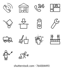 Thin line icon set : call, warehouse, phone 24, consolidated cargo, trolley, package, do not distrub, wrench, sweeper, bucket and broom, wiping, skysrcapers cleaning, woman with duster