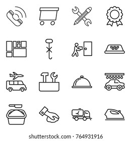 Thin line icon set : call, delivery, pencil wrench, medal, consolidated cargo, do not hook sign, courier, taxi, transfer, repair tools, meal cap, car wash, washing powder, wiping, home cleaning