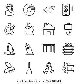 Thin line icon set : call center, circle diagram, up down arrow, mobile pay, stopwatch, flower, home, baggage get, windsurfing, stands for knives, window, plate washing, wasp, broom, vacuum cleaner