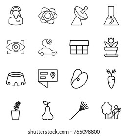Thin line icon set : call center, atom, satellite antenna, flask, eye identity, electric car, market, flower, stadium, location details, beans, carrot, seedling, pear, rake, garden cleaning