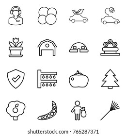 Thin line icon set : call center, atom core, eco car, electric, flower, barn, dome house, bed, protected, watering, tomato, spruce, garden, peas, trash, rake