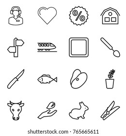 Thin line icon set : call center, heart, percent, house, signpost, train, cutting board, big spoon, knife, fish, beans, seedling, cow, hand leaf, rabbit, clothespin