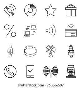Thin line icon set : call, circle diagram, star, gift, percent, notebook connect, wireless, tap to pay, smart watch, bracelet, antenna, spark plug, phone, mobile checking, grater