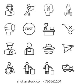Thin line icon set : call center, courier, bulb head, hoverboard, virtual mask, customs, control, do not trolley sign, security man, workman, confidential, deltaplane, invalid, garbage bin