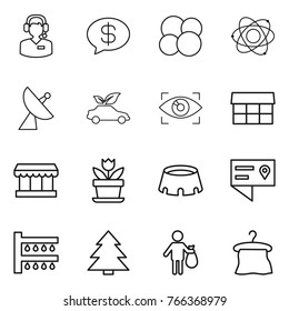 Thin line icon set : call center, money message, atom core, satellite antenna, eco car, eye identity, market, flower, stadium, location details, watering, spruce, trash, hanger