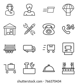 Thin line icon set : call center, woman, delivery, parachute, warehouse, pencil wrench, phone, 24, truck shipping, fast deliver, atm, baggage trolley, repair tools, meal cap, skysrcapers cleaning