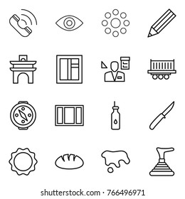Thin line icon set : call, eye, round around, pencil, arch, window, architector, truck shipping, compass, vegetable oil, knife, induction oven, bread, spot, plunger