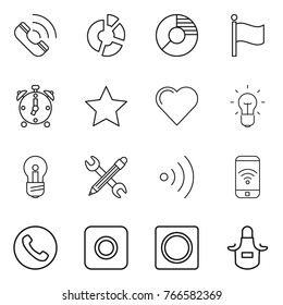 Thin line icon set : call, circle diagram, flag, alarm clock, star, heart, bulb, pencil wrench, wireless, phone, ring button, apron