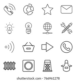 Thin line icon set : call, circle diagram, star, mail, bulb, globe connect, pencil wrench, wireless, remove from basket, right arrow, phone, radiator, ring button, grater, apron