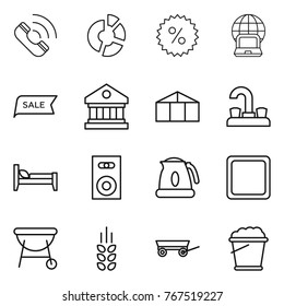 Thin line icon set : call, circle diagram, percent, notebook globe, sale, library, greenhouse, water tap, bed, speaker, kettle, cutting board, bbq, spikelets, trailer, foam bucket