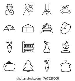 Thin line icon set : call center, satellite antenna, flask, eco car, dome house, greenhouse, flower bed, beans, carrot, watering, pear, sprouting, tomato, spruce, hanger
