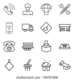 Thin line icon set : call, woman, parachute, pencil wrench, phone wireless, delivery, under construction, gas station, truck shipping, package, taxi, rag, vacuum cleaner, house cleaning, wiping