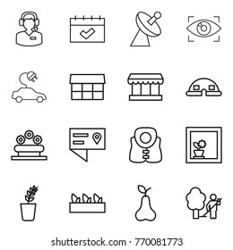 Thin line icon set : call center, calendar, satellite antenna, eye identity, electric car, market, dome house, flower bed, location details, life vest, in window, seedling, pear, garden cleaning
