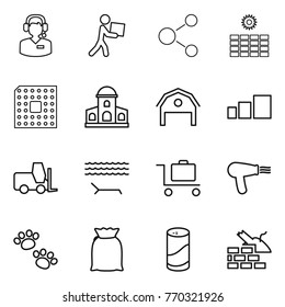 Thin line icon set : call center, courier, molecule, sun power, cpu, mansion, barn, sorting, fork loader, lounger, baggage trolley, hair dryer, pets, flour, cleanser powder, construct garbage