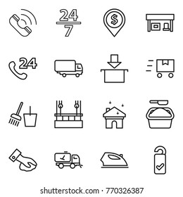 Thin line icon set : call, 24 7, dollar pin, gas station, phone, shipping, package, fast deliver, bucket and broom, skysrcapers cleaning, house, washing powder, wiping, home, iron, please clean