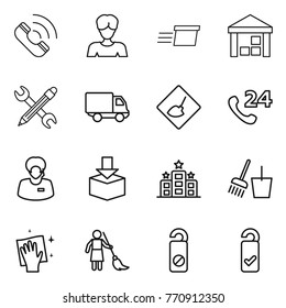 Thin line icon set : call, woman, delivery, warehouse, pencil wrench, under construction, phone 24, support manager, package, hotel, bucket and broom, wiping, brooming, do not distrub, please clean