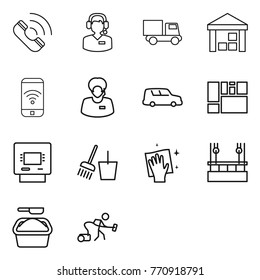 Thin line icon set : call, center, truck, warehouse, phone wireless, support manager, car shipping, consolidated cargo, atm, bucket and broom, wiping, skysrcapers cleaning, washing powder