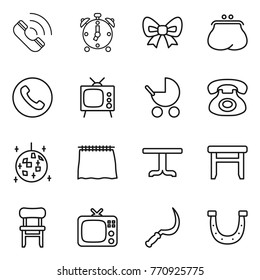 Thin line icon set : call, alarm clock, bow, purse, phone, tv, baby stroller, disco ball, curtain, table, stool, chair, sickle, horseshoe