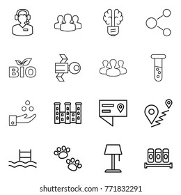 Thin line icon set : call center, group, bulb brain, molecule, bio, satellite, vial, chemical industry, palace, location details, route, pool, pets, floor lamp, spices