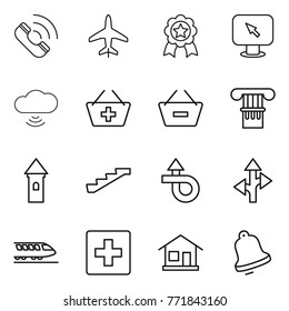 Thin line icon set : call, plane, medal, monitor arrow, cloud wireless, add to basket, remove from, column, tower, stairs, trip, route, train, first aid, home, bell