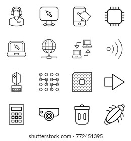 Thin line icon set : call center, monitor arrow, touch, chip, notebook, globe connect, wireless, crystall memory, cpu, right, calculator, surveillance camera, trash bin, bug