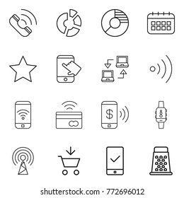 Thin line icon set : call, circle diagram, calendar, star, touch, notebook connect, wireless, phone, tap to pay, smart watch, antenna, add cart, mobile checking, grater