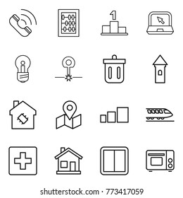 Thin line icon set : call, abacus, pedestal, notebook, bulb, laser, bin, tower, smart house, map, sorting, train, first aid, home, power switch, grill oven