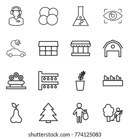 Thin line icon set : call center, atom core, flask, eye identity, electric car, market, barn, flower bed, watering, seedling, pear, spruce, trash, garden cleaning