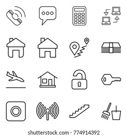 Thin line icon set : call, message, calculator, notebook connect, home, route, money, arrival, unlocked, key, ring button, wireless, stairs, bucket and broom