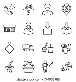 Thin line icon set : call, 24 7, woman, dollar pin, gas station, support manager, package, rag, sweeper, bucket and broom, wiping, vacuum cleaner, washing powder, with duster
