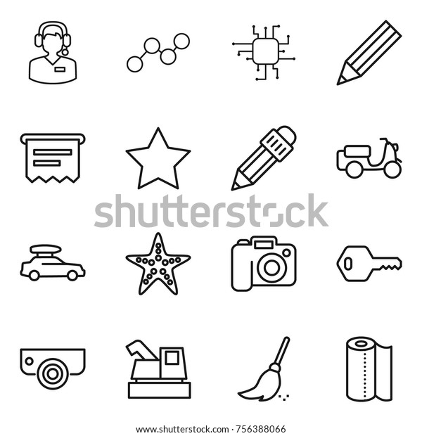 Thin line
icon set : call center, graph, chip, pencil, atm receipt, star,
scooter shipping, car baggage, starfish, camera, key, surveillance,
harvester, broom, paper
towel