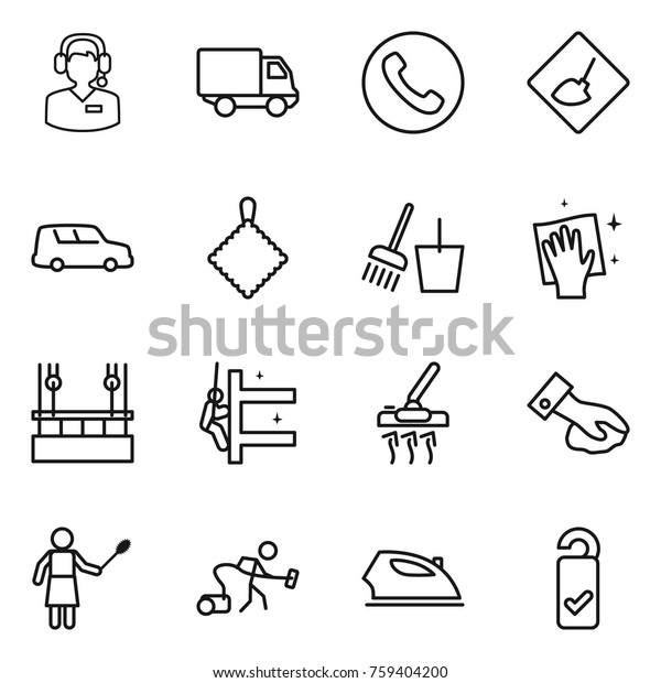 Thin\
line icon set : call center, delivery, phone, under construction,\
car shipping, rag, bucket and broom, wiping, skysrcapers cleaning,\
skyscrapers, vacuum cleaner, woman with duster,\
iron