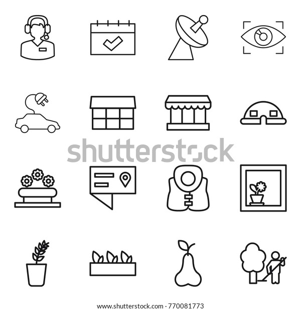 Thin line icon set : call center, calendar,\
satellite antenna, eye identity, electric car, market, dome house,\
flower bed, location details, life vest, in window, seedling, pear,\
garden cleaning