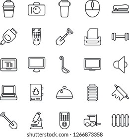 Thin Line Icon Set - camera vector, fork loader, mouse, notebook pc, job, shovel, bucket, microscope, barbell, speaker, remote control, monitor, battery, hdmi, paper tray, stapler, dish, ladle