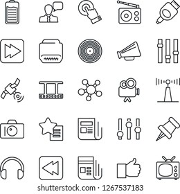 Thin Line Icon Set - camera vector, film frame, vinyl, radio, antenna, satellite, news, loudspeaker, settings, video, touch screen, speaker, headphones, share, finger up, favorites list, paper pin