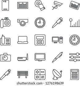Thin Line Icon Set - camera vector, calculator, pen, bench, clock, barcode, satellite antenna, touch screen, monitor, radio phone, back, tuning, cellular signal, notebook pc, router, web