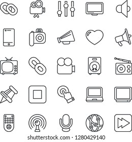 Thin Line Icon Set - camera vector, radio, antenna, speaker, loudspeaker, tv, settings, video, microphone, remote control, network, cell phone, touch screen, monitor, laptop pc, chain, heart