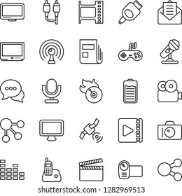 Thin Line Icon Set - camera vector, clapboard, film frame, flame disk, microphone, antenna, satellite, gamepad, equalizer, tv, video, dialog, monitor, radio phone, battery, mail, rca, hdmi, news