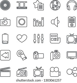 Thin Line Icon Set - camera vector, clapboard, film frame, vinyl, radio, speaker, tv, settings, equalizer, video, network, touch screen, headphones, monitor, favorites list, heart, low battery, news